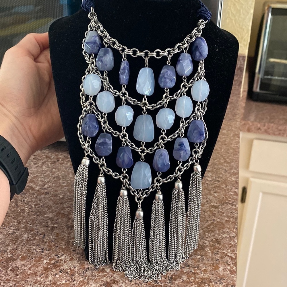 CHICO’S‎ vintage blue stone silver chain long bib waterfall statement necklace